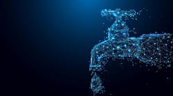 Dripping tap with drop form lines and triangles, point connecting network on blue background. Illustration vector Dripping tap with drop form lines and triangles, point connecting network on blue background. Illustration vector