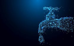 Dripping tap with drop form lines and triangles, point connecting network on blue background. Illustration vector Dripping tap with drop form lines and triangles, point connecting network on blue background. Illustration vector