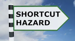 3D illustration of 'SHORTCUT HAZARD' script on road sign