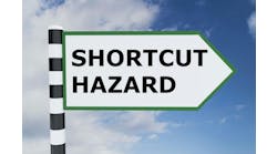 3D illustration of 'SHORTCUT HAZARD' script on road sign 3D illustration of 'SHORTCUT HAZARD' script on road sign