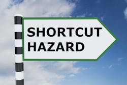 3D illustration of 'SHORTCUT HAZARD' script on road sign 3D illustration of 'SHORTCUT HAZARD' script on road sign