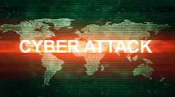 Abstract illustration of distorted dark green display screen with red light spot. Cyber attack inscription in worldwide technology interface.
