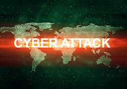 Abstract illustration of distorted dark green display screen with red light spot. Cyber attack inscription in worldwide technology interface. Abstract illustration of distorted dark green display screen with red light spot. Cyber attack inscription in worldwide technology interface.
