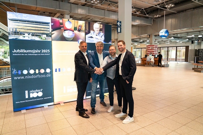 The board members of SPE Industrial Partner Network e.V. and Single Pair Ethernet System Alliance e.V., (l. to r.) Claus Kleedörfer of TE Connectivity, Simon Seereiner of Weidmüller, Kilian Schmale of Harting and Tim Kindermann of Phoenix Contact, plan to jointly shape the SPE ecosystem.