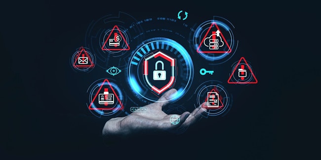 Hand holding digital security interface with padlock and warning icons, holographic style, dark background. Concept of cybersecurity