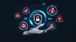Hand holding digital security interface with padlock and warning icons, holographic style, dark background. Concept of cybersecurity