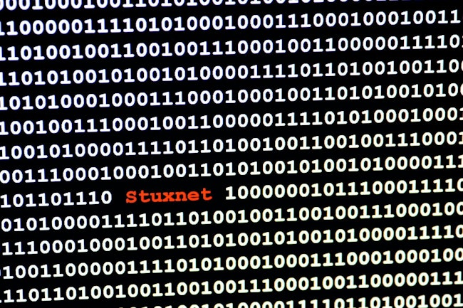 The name of the computer virus Stuxnet in front of a binary background