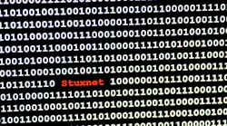 The name of the computer virus Stuxnet in front of a binary background