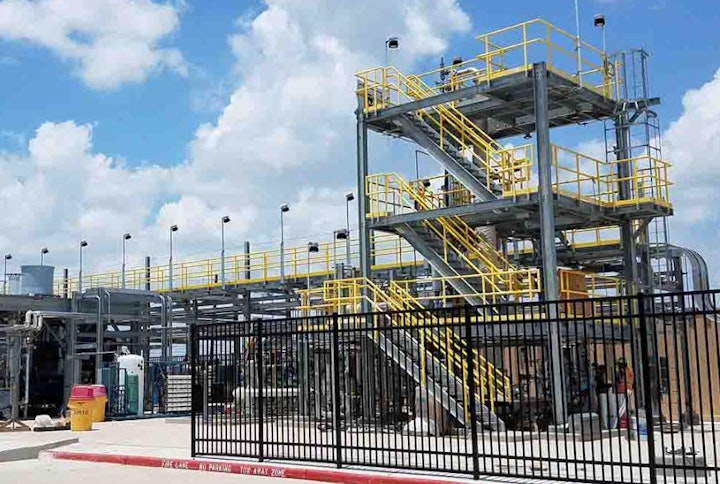 Figure 1: The 32-ft, propylene glycol distillation and recycling unit at LyondellBasell’s Center for Petrochemical Energy & Technology (CPET) at San Jacinto College in Pasadena, Texas, includes an eight tray column, DeltaV DCS, cooling water, boiler and reverse osmosis utilities, and 72 I/O with smart Rosemount transmitters. CPET’s glass pilot plant has two tank farms, feeding four process units, and all-glass and -acrylic components for easier observation.