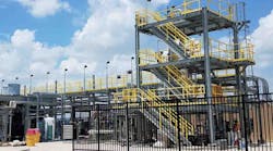 Figure 1: The 32-ft, propylene glycol distillation and recycling unit at LyondellBasell’s Center for Petrochemical Energy & Technology (CPET) at San Jacinto College in Pasadena, Texas, includes an eight tray column, DeltaV DCS, cooling water, boiler and reverse osmosis utilities, and 72 I/O with smart Rosemount transmitters. CPET’s glass pilot plant has two tank farms, feeding four process units, and all-glass and -acrylic components for easier observation. Figure 1: The 32-ft, propylene glycol distillation and recycling unit at LyondellBasell’s Center for Petrochemical Energy & Technology (CPET) at San Jacinto College in Pasadena, Texas, includes an eight tray column, DeltaV DCS, cooling water, boiler and reverse osmosis utilities, and 72 I/O with smart Rosemount transmitters. CPET’s glass pilot plant has two tank farms, feeding four process units, and all-glass and -acrylic components for easier observation.