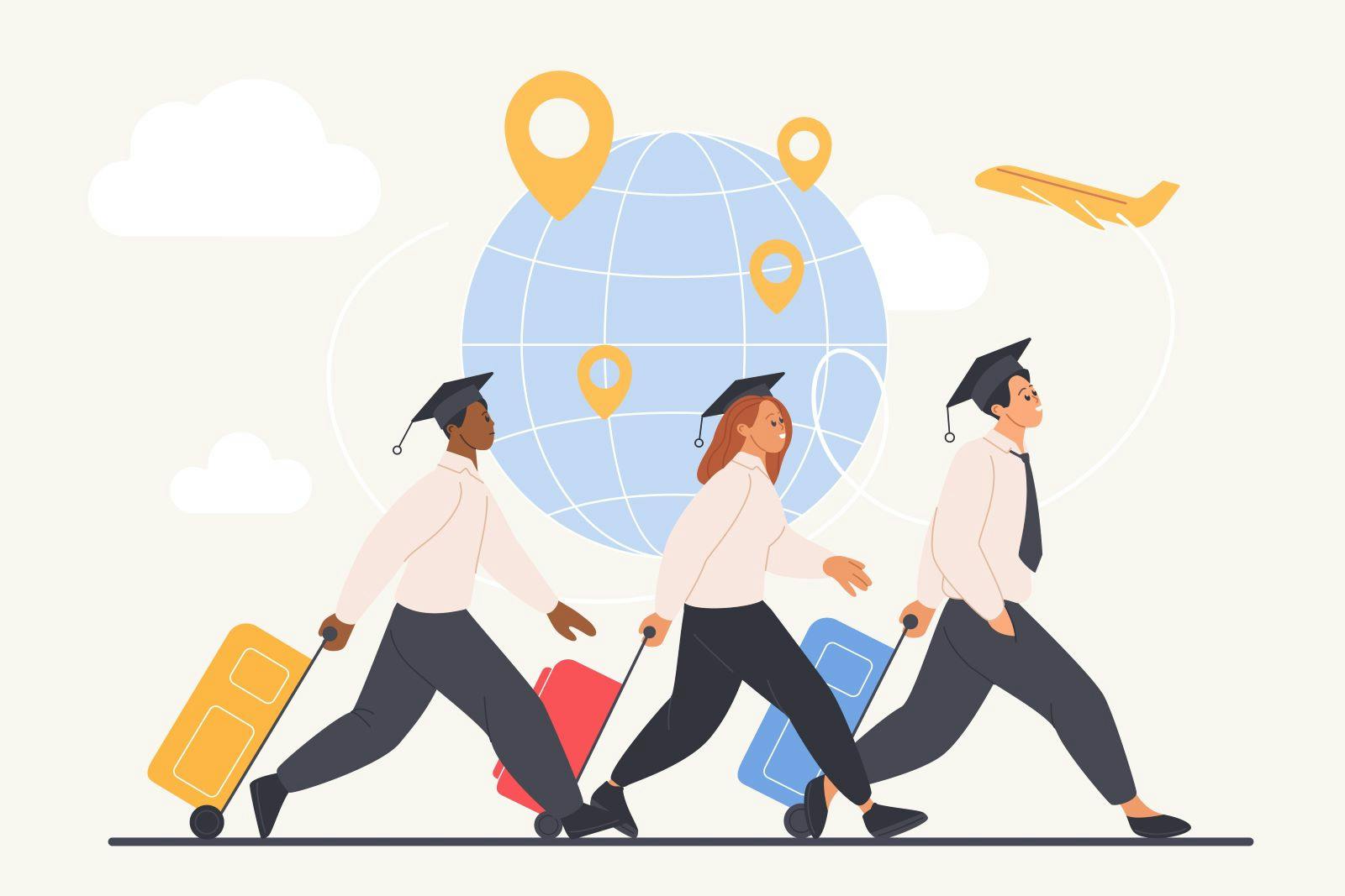 Brain drain, immigration in foreign country. Tiny graduates and students, migrants with suitcases and bags running to fly abroad to work and study, leave motherland cartoon vector illustration