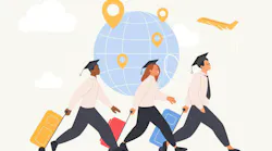Brain drain, immigration in foreign country. Tiny graduates and students, migrants with suitcases and bags running to fly abroad to work and study, leave motherland cartoon vector illustration