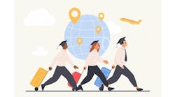 Brain drain, immigration in foreign country. Tiny graduates and students, migrants with suitcases and bags running to fly abroad to work and study, leave motherland cartoon vector illustration Brain drain, immigration in foreign country. Tiny graduates and students, migrants with suitcases and bags running to fly abroad to work and study, leave motherland cartoon vector illustration