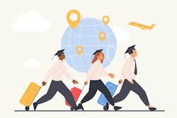 Brain drain, immigration in foreign country. Tiny graduates and students, migrants with suitcases and bags running to fly abroad to work and study, leave motherland cartoon vector illustration Brain drain, immigration in foreign country. Tiny graduates and students, migrants with suitcases and bags running to fly abroad to work and study, leave motherland cartoon vector illustration