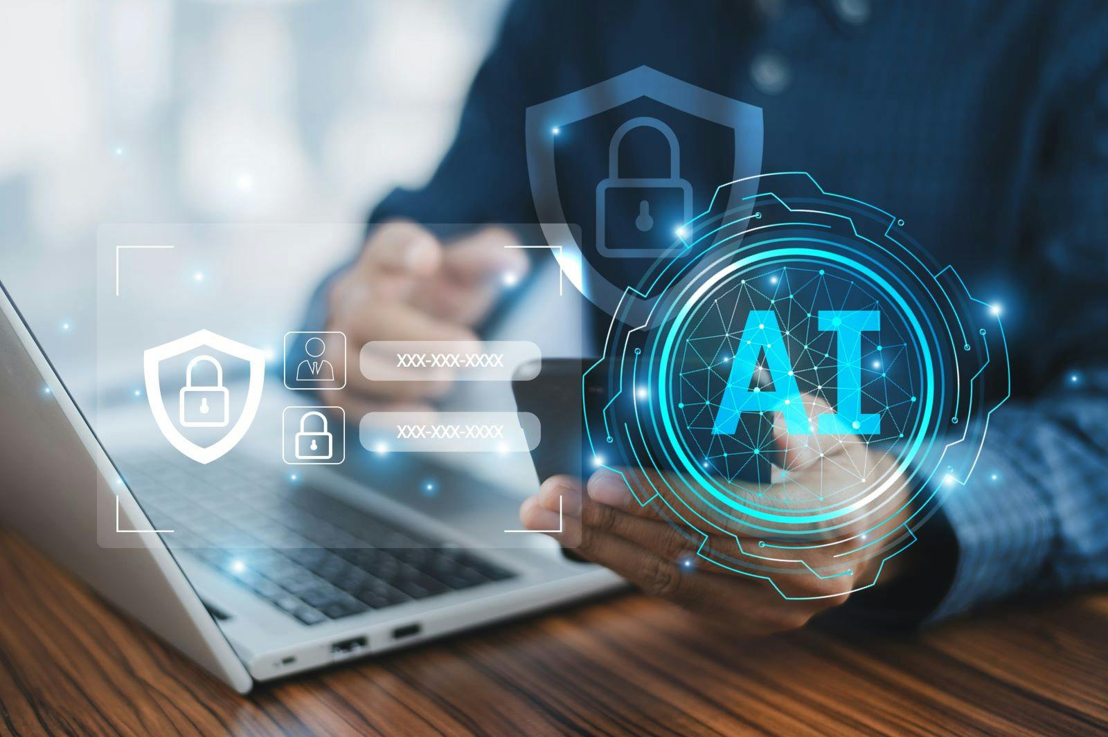 A businessman using AI-driven cybersecurity enhances protection against digital threats, leveraging advanced technology for rapid detection and response, ensuring data security and maintaining client.
