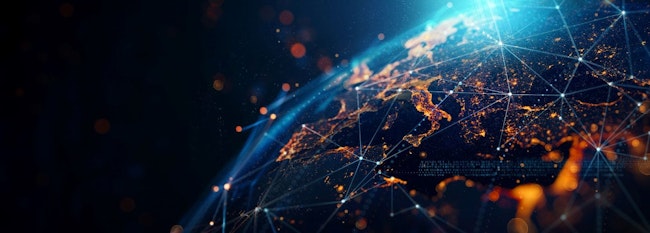 dynamic digital world map emphasize Western Europe continental for AI powered global network connectivity big data transfer cyber technology network information exchange and telecommunication conc