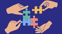 Four hands assembling colorful puzzle pieces together. Concept of teamwork, cooperation, unity, problem solving, strategy, partnership, collaboration, and creative business solution. Four hands assembling colorful puzzle pieces together. Concept of teamwork, cooperation, unity, problem solving, strategy, partnership, collaboration, and creative business solution.