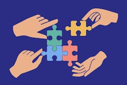 Four hands assembling colorful puzzle pieces together. Concept of teamwork, cooperation, unity, problem solving, strategy, partnership, collaboration, and creative business solution. Four hands assembling colorful puzzle pieces together. Concept of teamwork, cooperation, unity, problem solving, strategy, partnership, collaboration, and creative business solution.