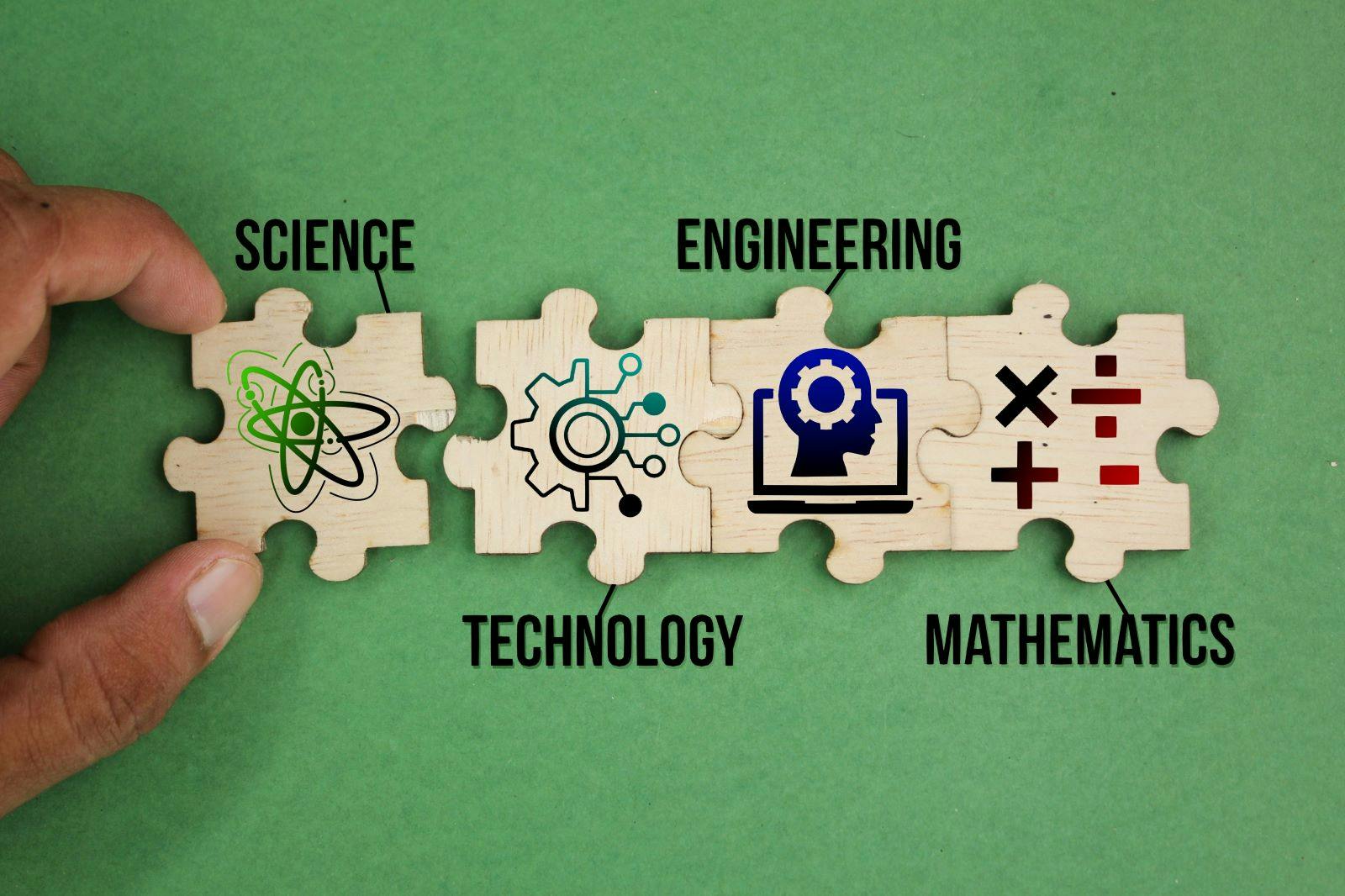 puzzle connection with STEM icon. science, technology, engineering, mathematics education word with icons