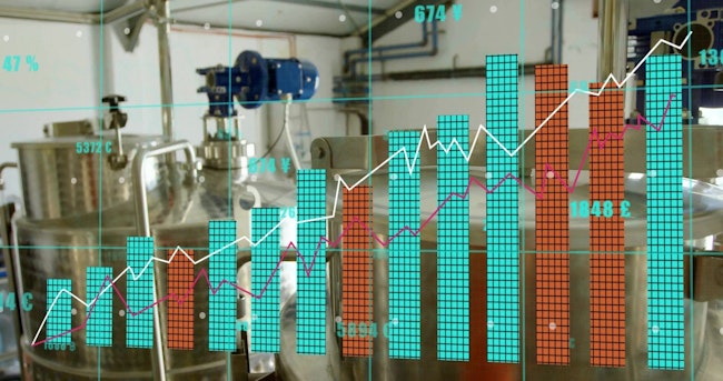 Showing translucent data visualization overlaying plant with stainless tanks,pipes,valves and motor. Industrial, manufacturing, data analytics, automation, engineering, digital interface, process