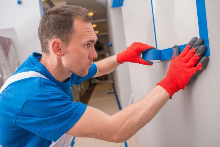 Preparing Walls and Electric Elements For Room Painting by Covering by Blue Paint Tape.