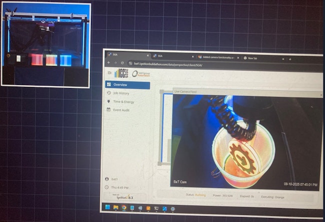 A live feed shows the three tanks in a three-color anodizing process (upper left) during the Build-a-Thon competition at Inductive Automation’s Ignition Community Conference (ICC) 2025 in Sacramento, Calif. The onscreen HMI display by Build-a-Thon winner Safegroup Automation also shows video from an onboard camera (center) that lets users peer into and inspect the anodizing process.
