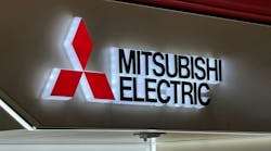Mitsubishi Electric Corporation brand logo on a store sign. Mitsubishi Electric Corporation brand logo on a store sign.