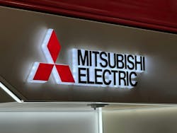 Mitsubishi Electric Corporation brand logo on a store sign. Mitsubishi Electric Corporation brand logo on a store sign.