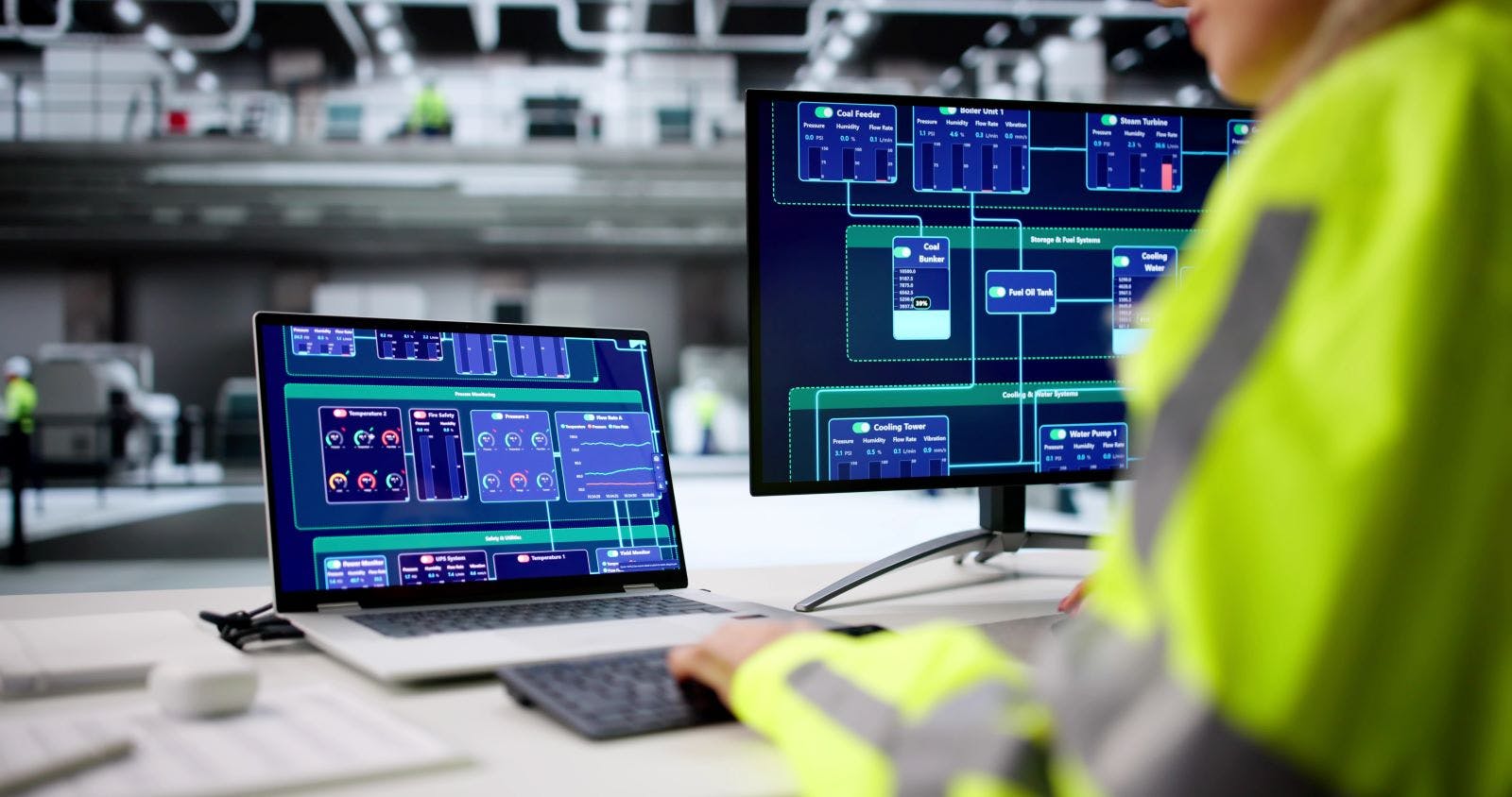 Female Engineer Monitors Scada System On Industrial Plant Production Line