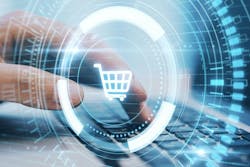 Close up hand typing on laptop keyboard with creative glowing blue cart hologram on dark background. Close up hand typing on laptop keyboard with creative glowing blue cart hologram on dark background.