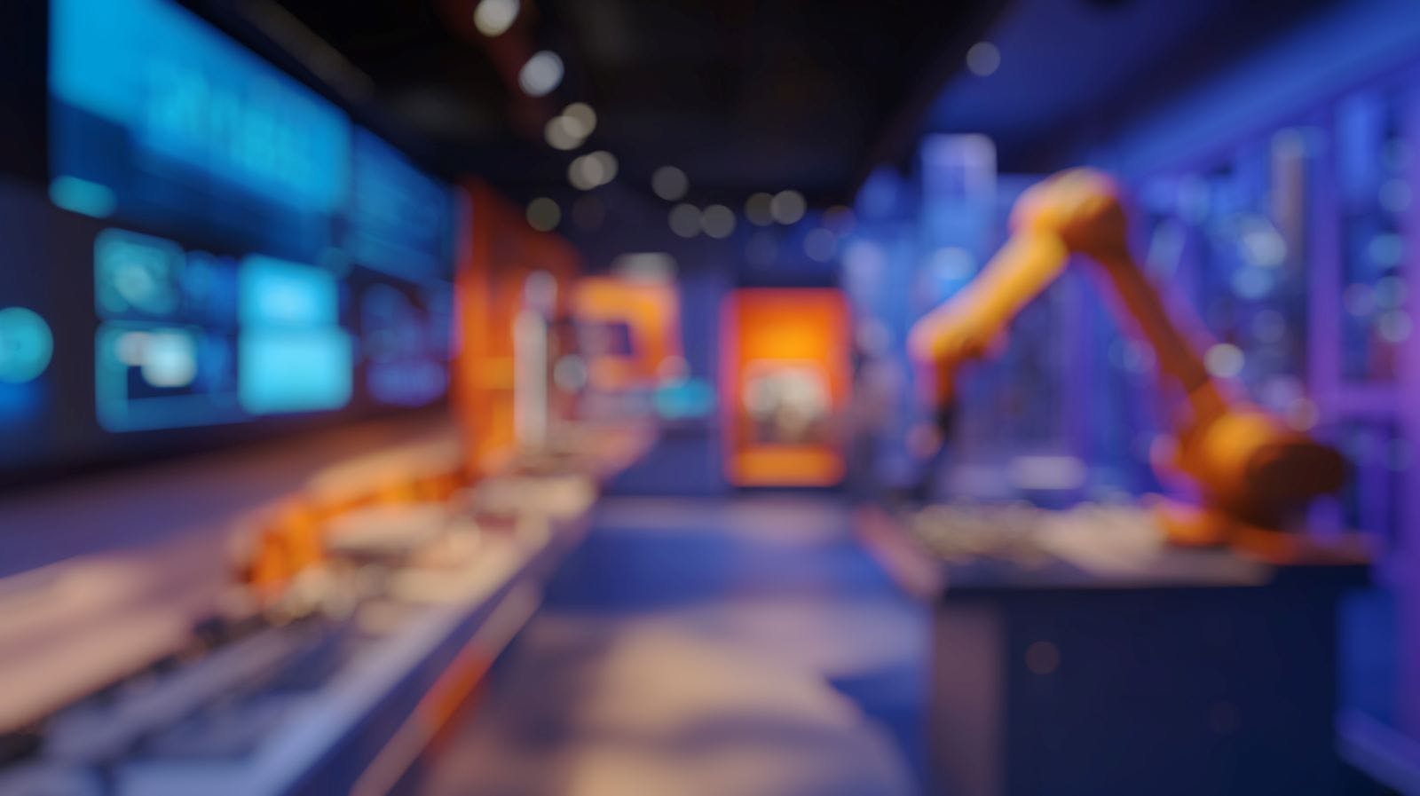 Defocused Background of Modern Industrial Workspace with Robotic Arm and Digital Displays in High-Tech Environment.