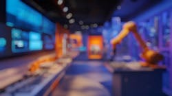 Defocused Background of Modern Industrial Workspace with Robotic Arm and Digital Displays in High-Tech Environment. Defocused Background of Modern Industrial Workspace with Robotic Arm and Digital Displays in High-Tech Environment.