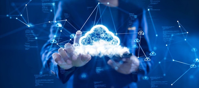 Cloud or edge computing technology concept. Businessman uses finger to click cloud icon connects data access