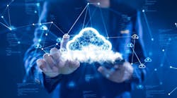 Cloud or edge computing technology concept. Businessman uses finger to click cloud icon connects data access Cloud or edge computing technology concept. Businessman uses finger to click cloud icon connects data access