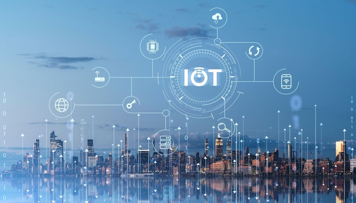 New York skyline, internet of things (IoT) and digital icons with binary, global network and connection in cyberspace.