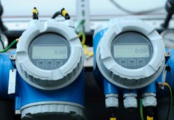 Flow meters set in the dosing systems hall of the water pumping station Flow meters set in the dosing systems hall of the water pumping station