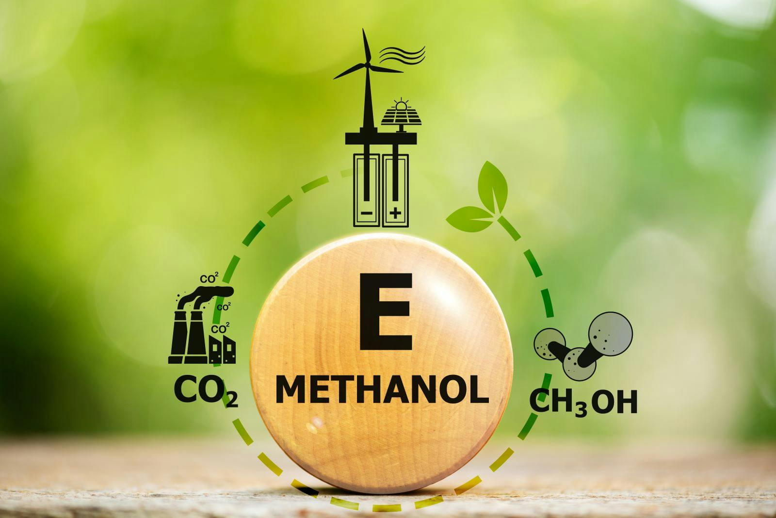 E- Methanol text on woods and icons about production process on natural background.