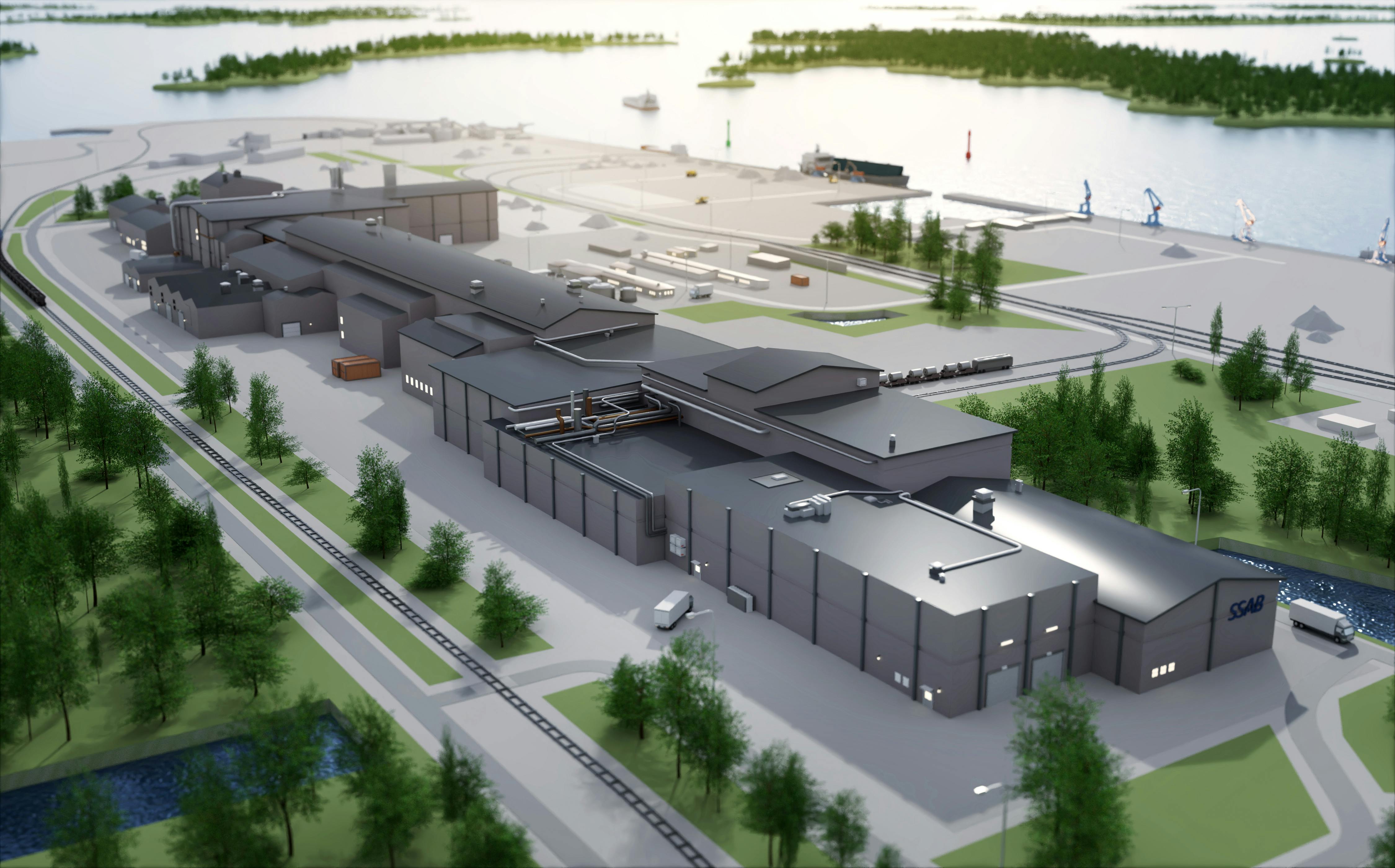 A design rendering of SSAB&rsquo;s fossil-free, mini steel mill, which started construction with a ground breaking ceremony.