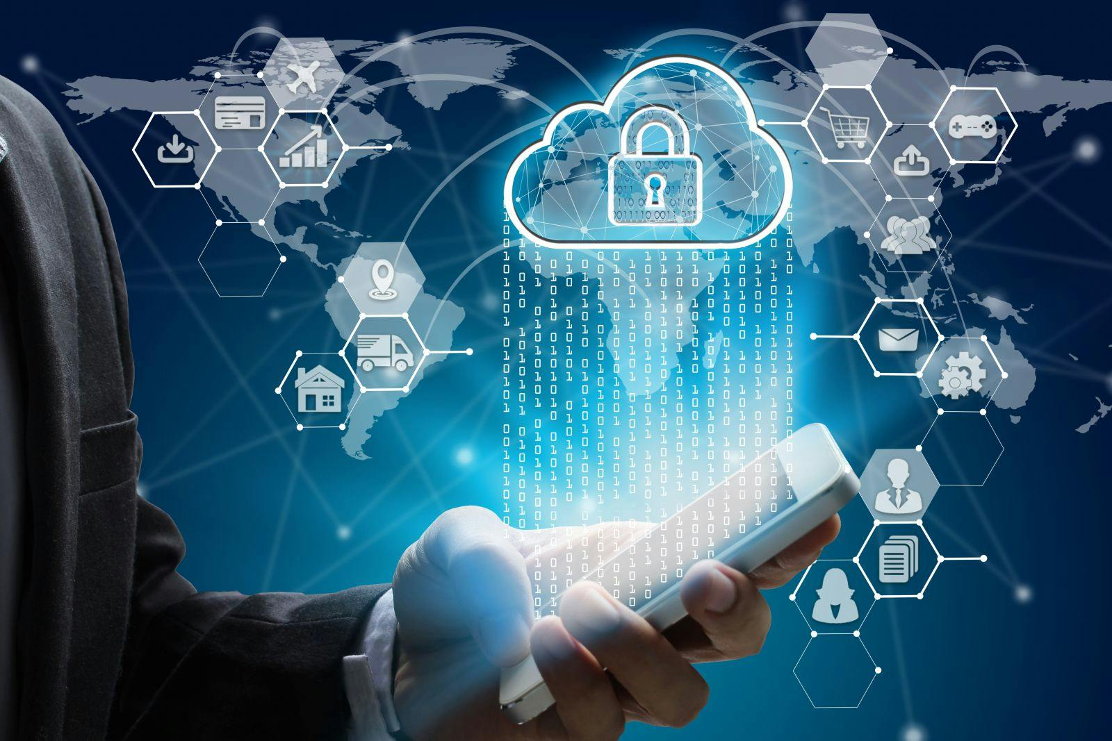 Businessman hand use smartphone with padlock icon technology, Cyber Security Data Protection Business Technology Privacy concept, Internet Concept of global business.