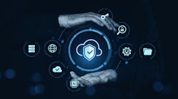 Cloud security and data protection icons between two hands, futuristic digital style on dark background, concept of cybersecurity and safe storage Cloud security and data protection icons between two hands, futuristic digital style on dark background, concept of cybersecurity and safe storage