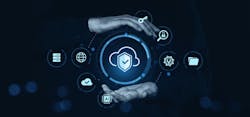 Cloud security and data protection icons between two hands, futuristic digital style on dark background, concept of cybersecurity and safe storage Cloud security and data protection icons between two hands, futuristic digital style on dark background, concept of cybersecurity and safe storage