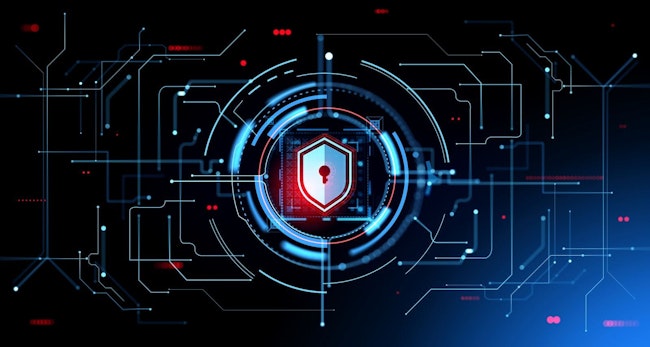 Digital cybersecurity hud hologram with glowing shield, circuit board with abstract lines. Concept of internet security and global protection. 3D rendering illustration