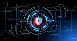 Digital cybersecurity hud hologram with glowing shield, circuit board with abstract lines. Concept of internet security and global protection. 3D rendering illustration Digital cybersecurity hud hologram with glowing shield, circuit board with abstract lines. Concept of internet security and global protection. 3D rendering illustration