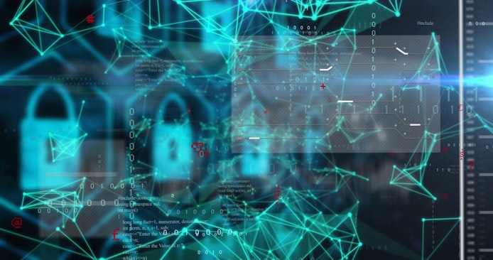 Displaying padlock entwining network nodes at cybersecurity dashboard, with floating code panels. Futuristic, cybersecurity, digital, network, protection, technology, abstract