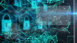 Displaying padlock entwining network nodes at cybersecurity dashboard, with floating code panels. Futuristic, cybersecurity, digital, network, protection, technology, abstract