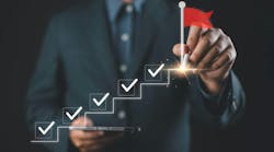 Business success and goal achievement steps. Businessman drawing checkmarks on virtual staircase steps toward achieving goals, ending with red flag as success marker. Planning, progress, goal setting, Business success and goal achievement steps. Businessman drawing checkmarks on virtual staircase steps toward achieving goals, ending with red flag as success marker. Planning, progress, goal setting,