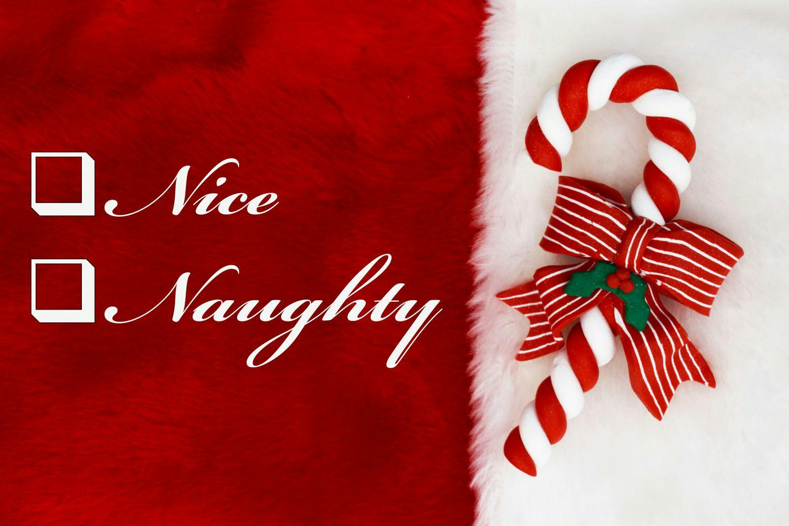 Naughty or Nice, A plush red stocking with a Candy Cane and words Nice and Naughty