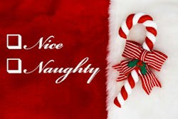 Naughty or Nice, A plush red stocking with a Candy Cane and words Nice and Naughty Naughty or Nice, A plush red stocking with a Candy Cane and words Nice and Naughty