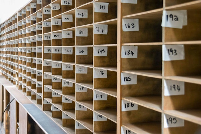 Numbered pigeon holes in an office