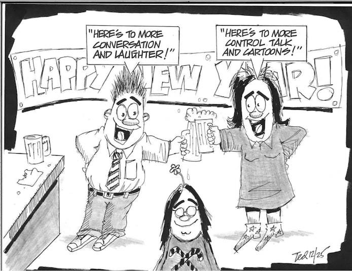 A woman and a man are in a bar with a huge 'Happy New Year' banner toasting each other with beer mugs. The man says, 'Here is to more conversation and laughter!' The woman says, 'Here is to more Control Talk and cartoons!'